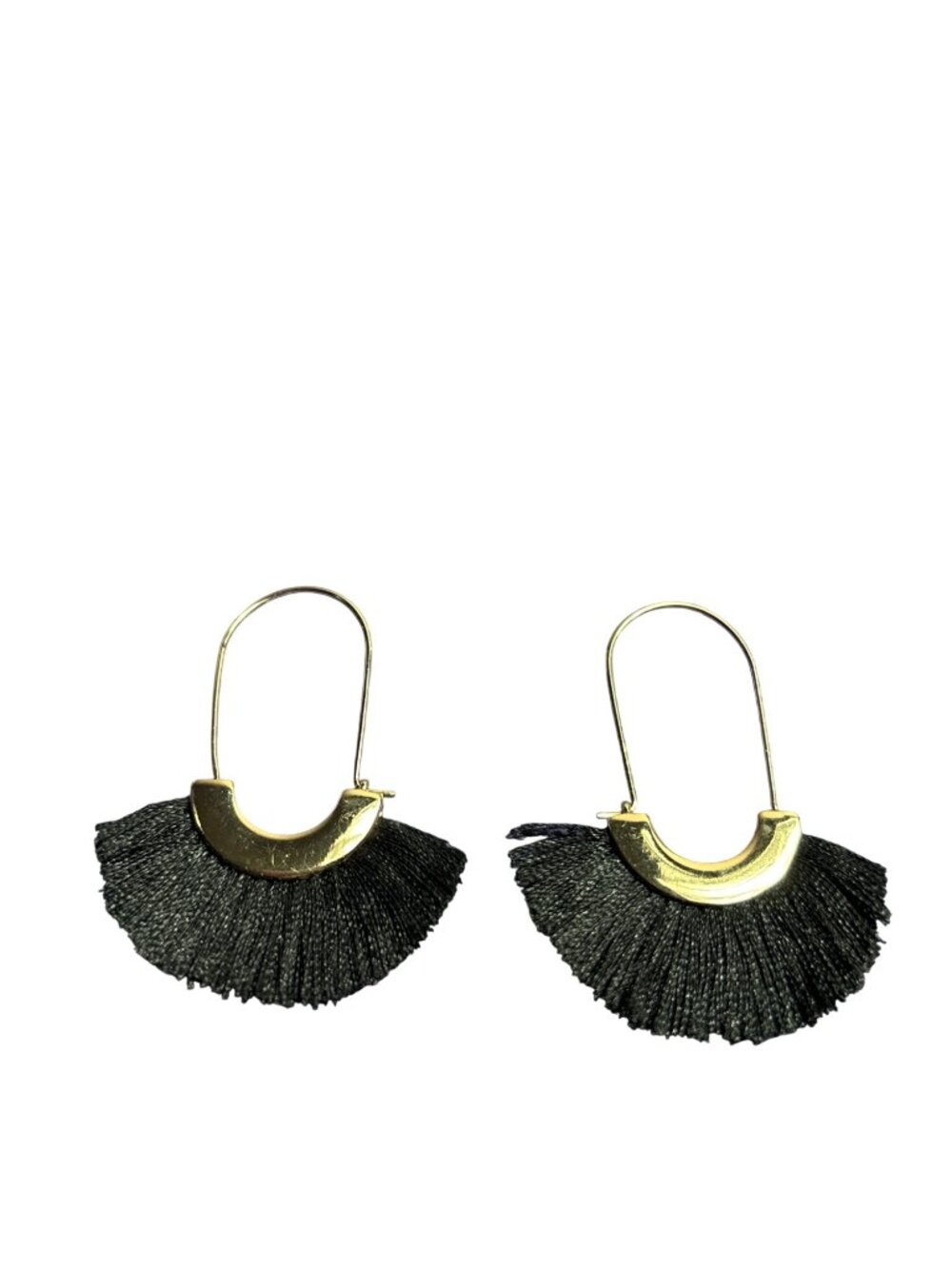 Fan Fringe Dangle Earrings Black Goldtone 2 inches